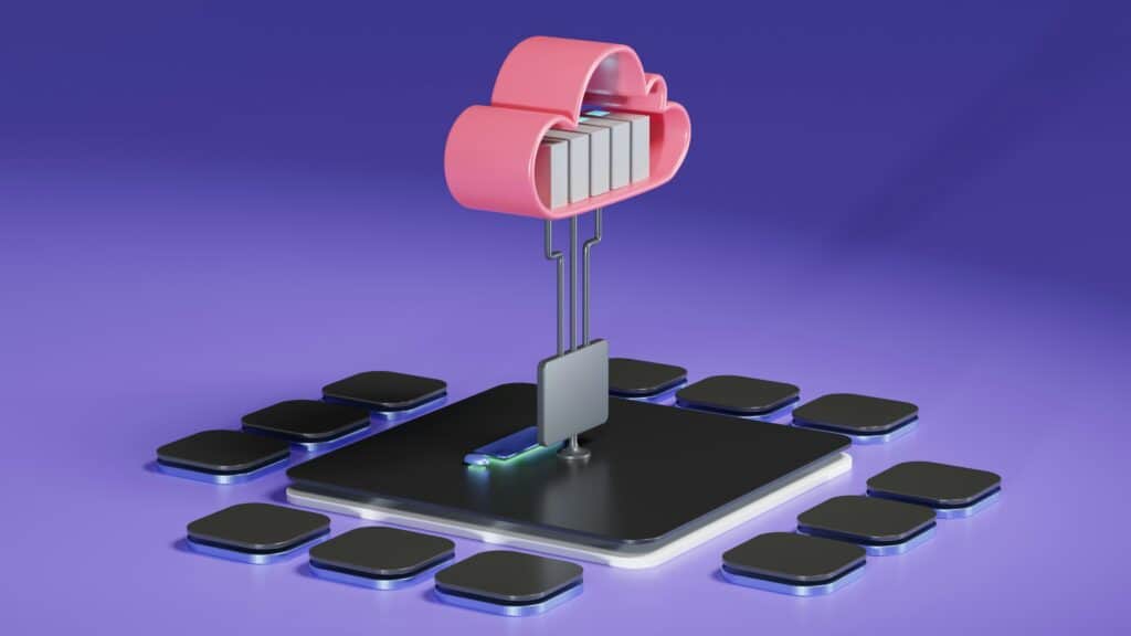 Cloud data storage server with pink cloud icon and connected hardware.