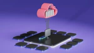 Cloud data storage server with pink cloud icon and connected hardware.